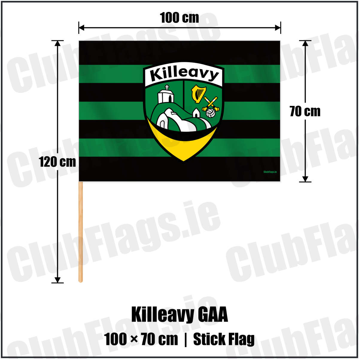 Killeavy GAA 70cm x 100cm Stick Flag with the verified club crest and colours, Armagh GAA - ClubFlags.ie