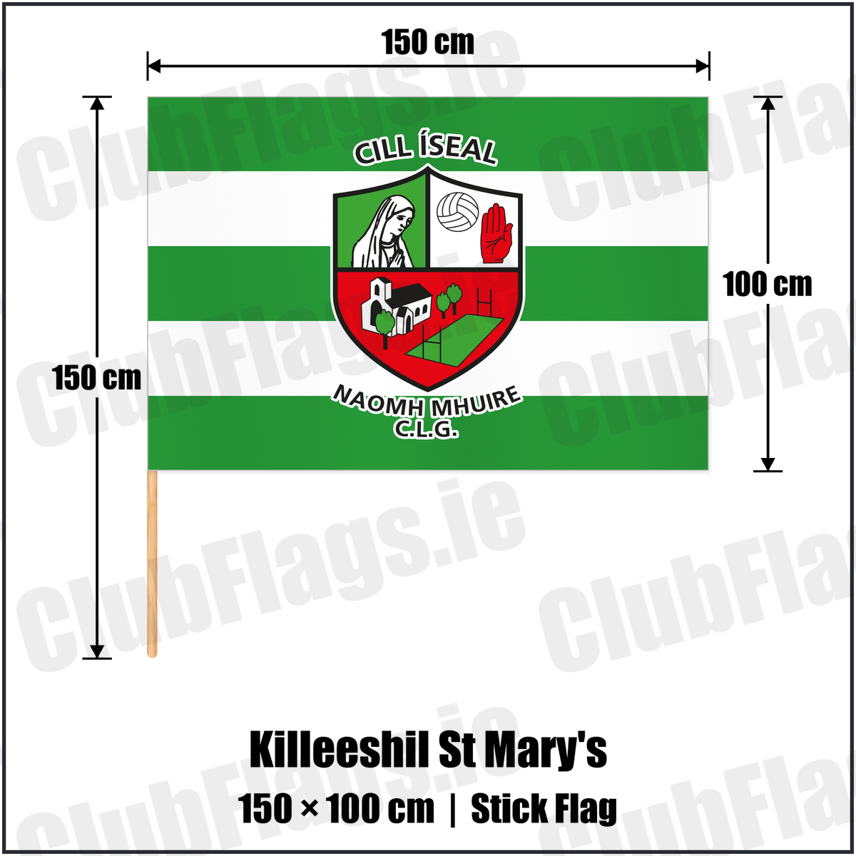Killeeshil St Mary's 100cm x 150cm Stick Flag with the club crest and colours, Tyrone GAA - ClubFlags.ie