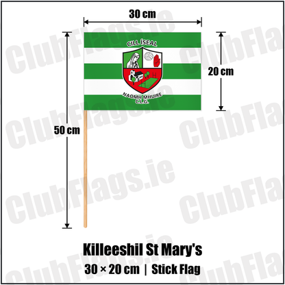 Killeeshil St Mary's 20cm x 30cm Stick Flag with the club crest and colours, Tyrone GAA - ClubFlags.ie