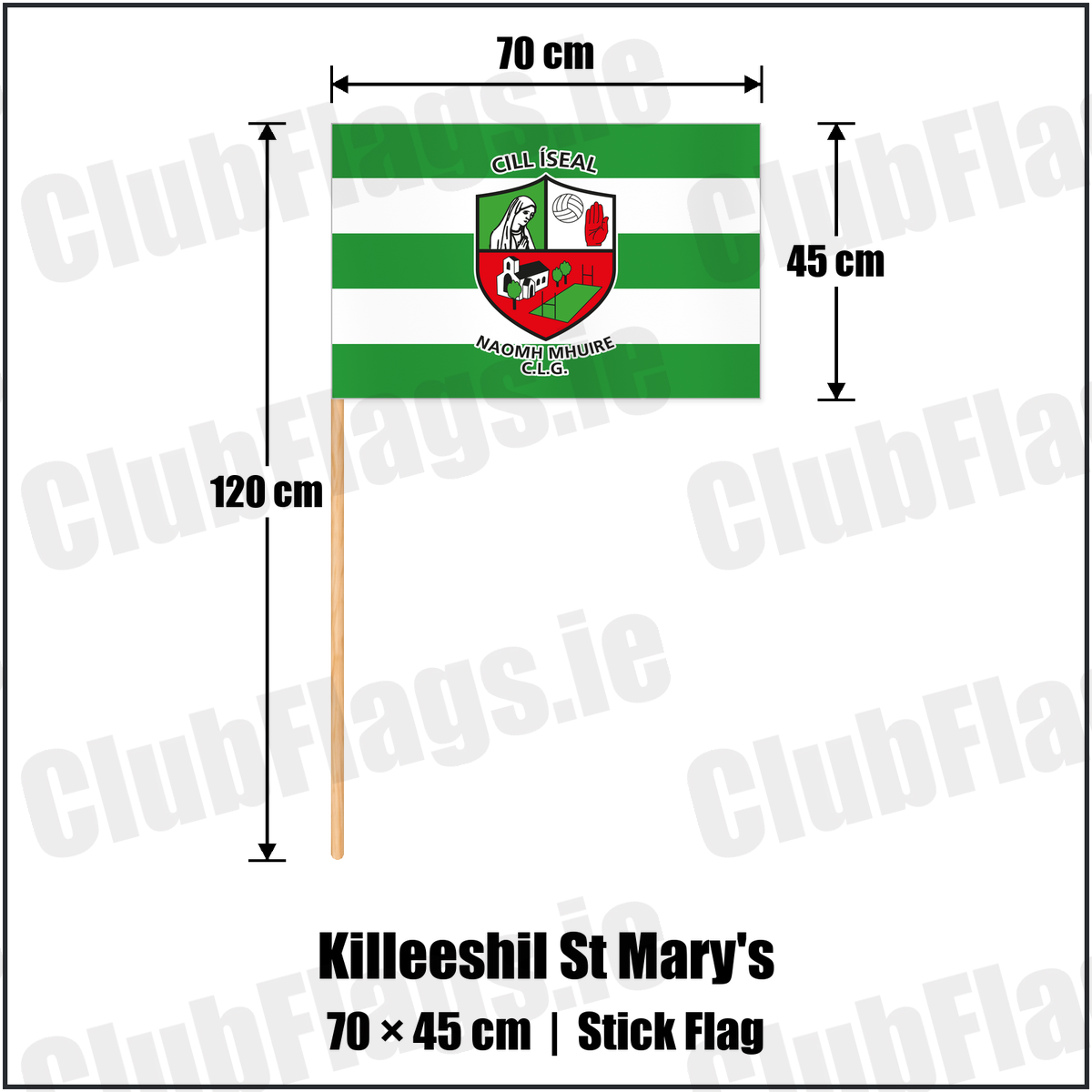 Killeeshil St Mary's 45cm x 70cm Stick Flag with the club crest and colours, Tyrone GAA - ClubFlags.ie