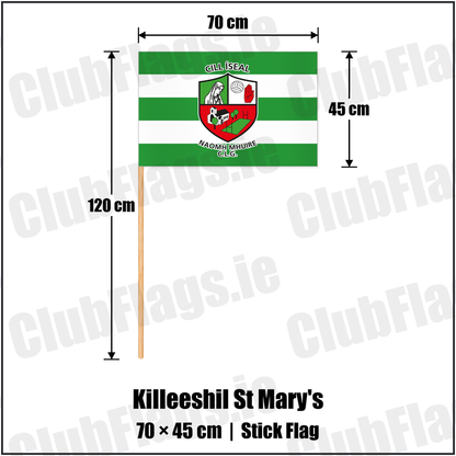 Killeeshil St Mary's 45cm x 70cm Stick Flag with the club crest and colours, Tyrone GAA - ClubFlags.ie