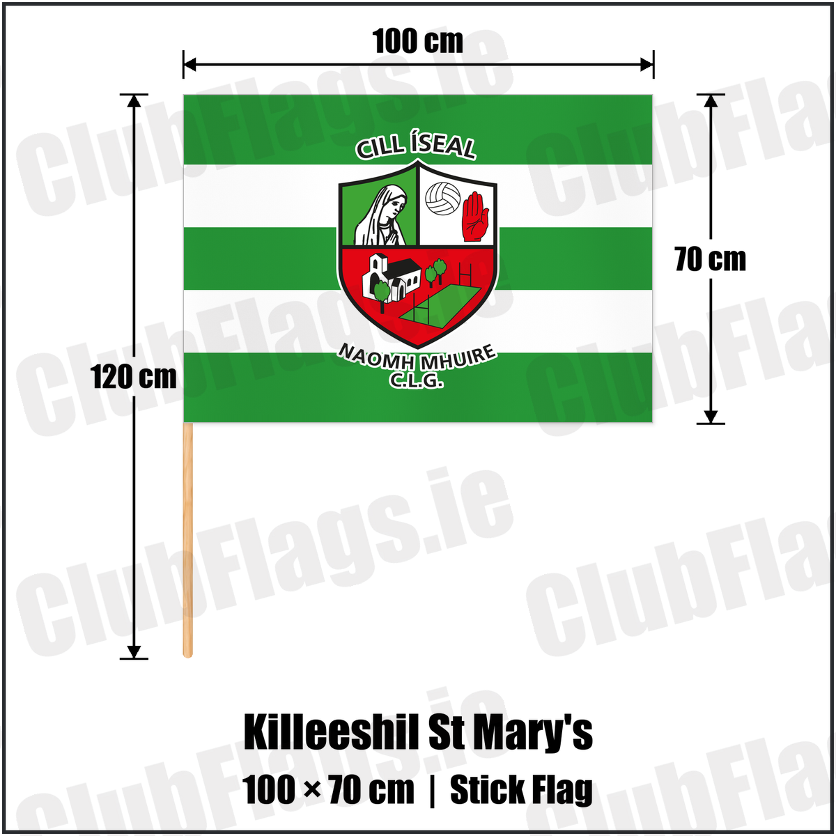 Killeeshil St Mary's 70cm x 100cm Stick Flag with the club crest and colours, Tyrone GAA - ClubFlags.ie
