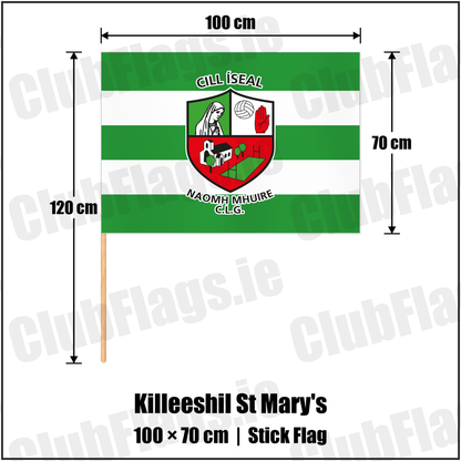 Killeeshil St Mary's 70cm x 100cm Stick Flag with the club crest and colours, Tyrone GAA - ClubFlags.ie