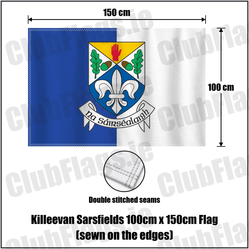 Killeevan Sarsfields 100cm x 150cm Flag (sewn on the edges) in royal blue and white, featuring the club crest on realistic fabric with gentle vertical folds; County Monaghan GAA. ClubFlags.ie.