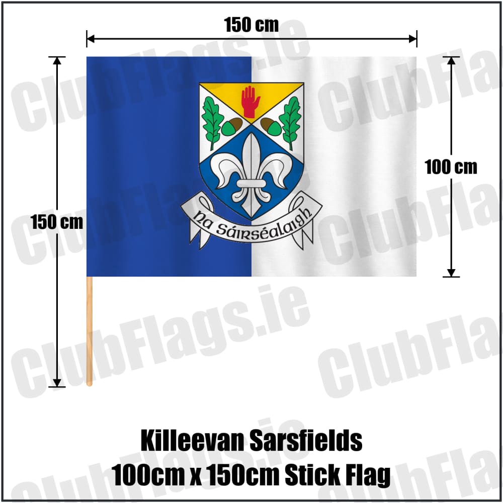 Killeevan Sarsfields 100cm x 150cm Stick Flag in royal blue and white, featuring the club crest on realistic fabric with gentle vertical folds; County Monaghan GAA. ClubFlags.ie.