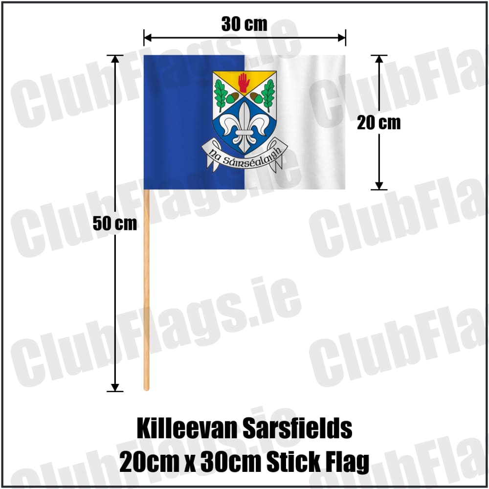 Killeevan Sarsfields 20cm x 30cm Stick Flag in royal blue and white, featuring the club crest on realistic fabric with gentle vertical folds; County Monaghan GAA. ClubFlags.ie.