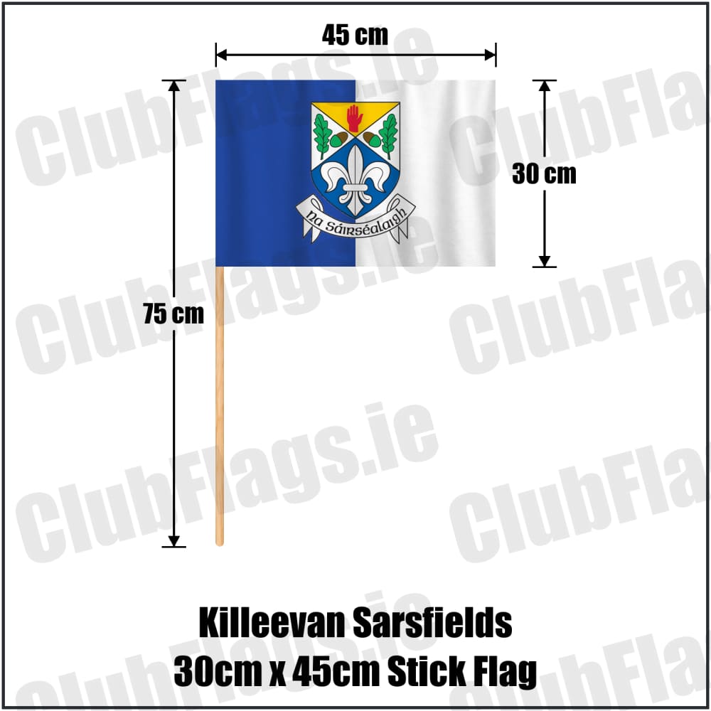 Killeevan Sarsfields 30cm x 45cm Stick Flag in royal blue and white, featuring the club crest on realistic fabric with gentle vertical folds; County Monaghan GAA. ClubFlags.ie.
