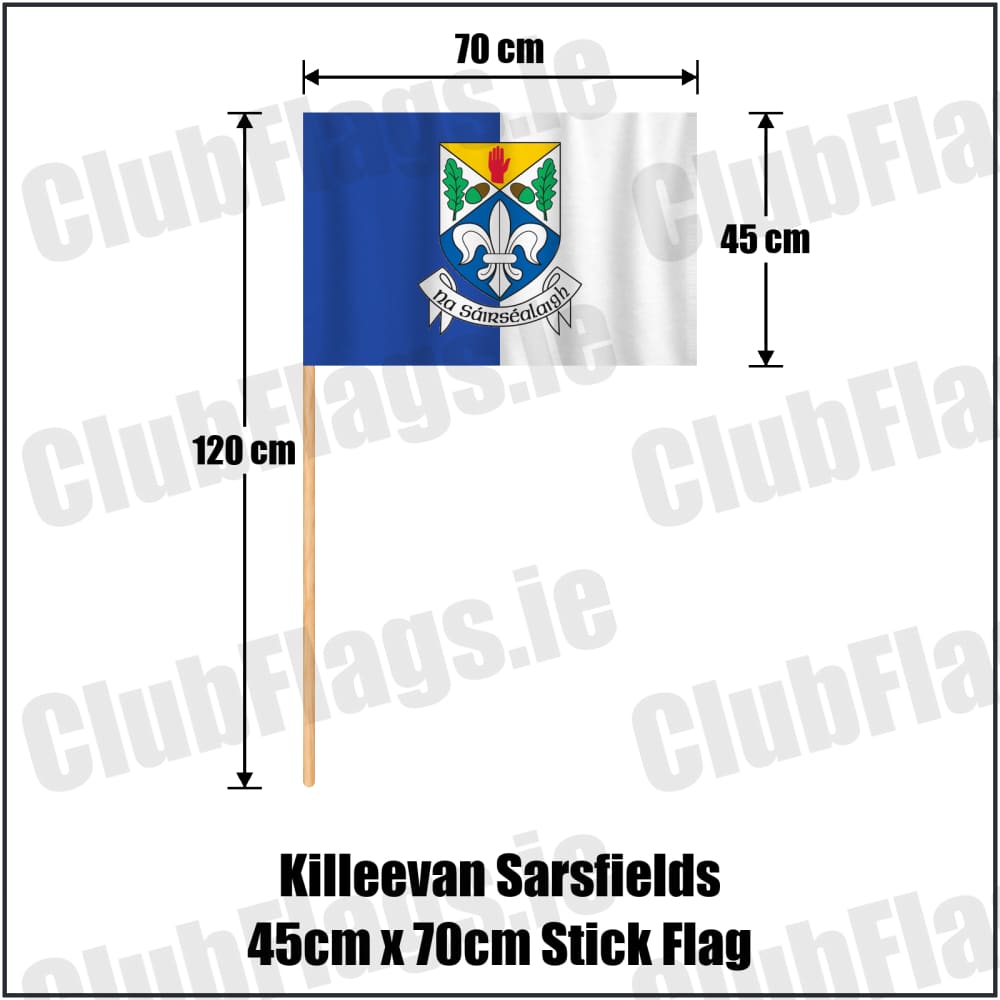 Killeevan Sarsfields 45cm x 70cm Stick Flag in royal blue and white, featuring the club crest on realistic fabric with gentle vertical folds; County Monaghan GAA. ClubFlags.ie.