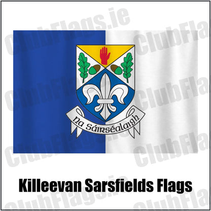 Killeevan Sarsfields Flags in royal blue and white, featuring the club crest on realistic fabric with gentle vertical folds; County Monaghan GAA. ClubFlags.ie.
