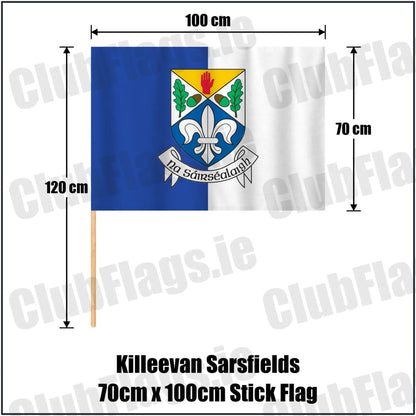 Killeevan Sarsfields 70cm x 100cm Stick Flag in royal blue and white, featuring the club crest on realistic fabric with gentle vertical folds; County Monaghan GAA. ClubFlags.ie.