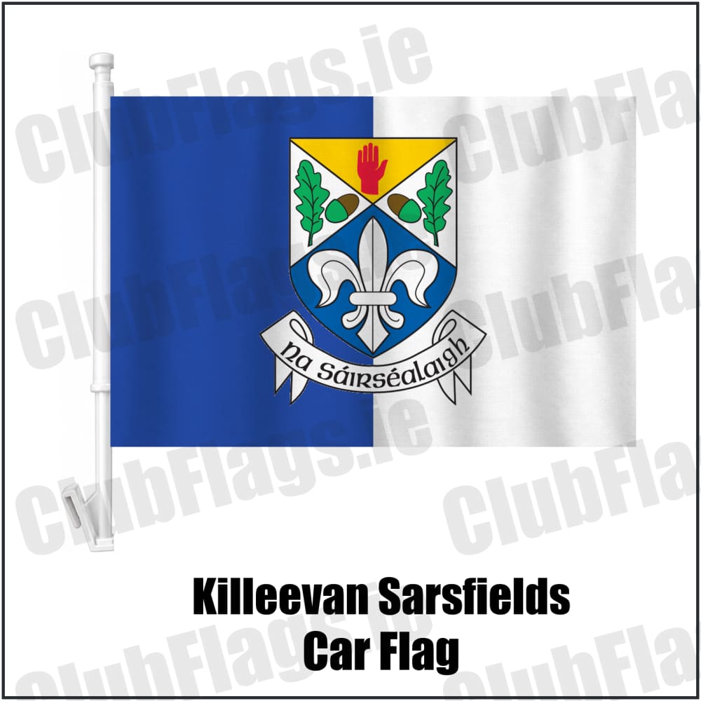 Killeevan Sarsfields Car Flag in royal blue and white, featuring the club crest on realistic fabric with gentle vertical folds; County Monaghan GAA. ClubFlags.ie.