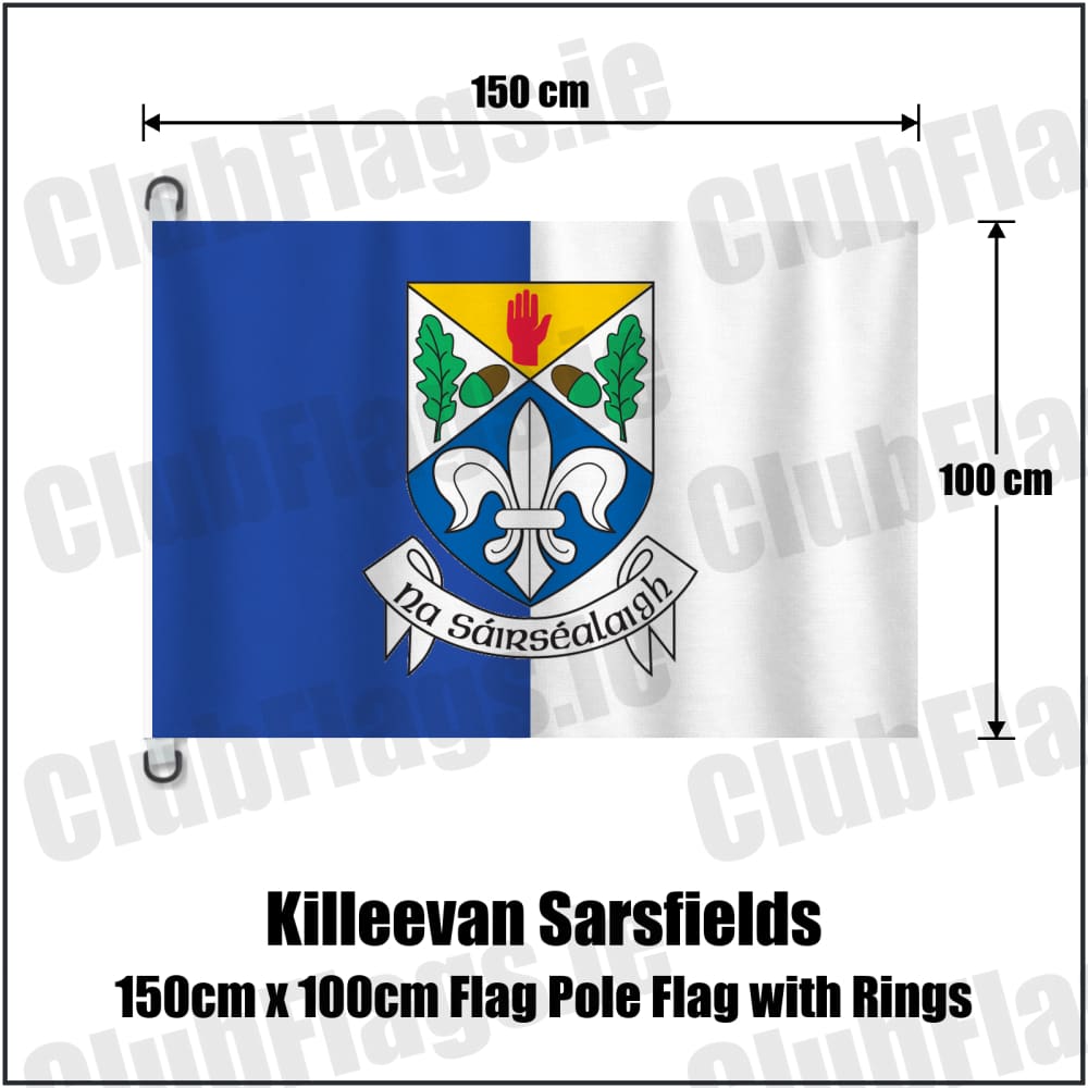 Killeevan Sarsfields 150cm x 100cm Flag Pole Flag with Rings in royal blue and white, featuring the club crest on realistic fabric with gentle vertical folds; County Monaghan GAA. ClubFlags.ie.