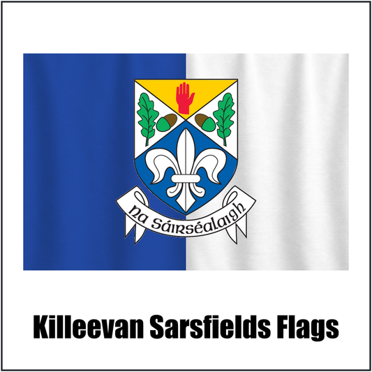 Killeevan Sarsfields Flags, featuring the club crest and royal blue and white colours; County Monaghan GAA. ClubFlags.ie.