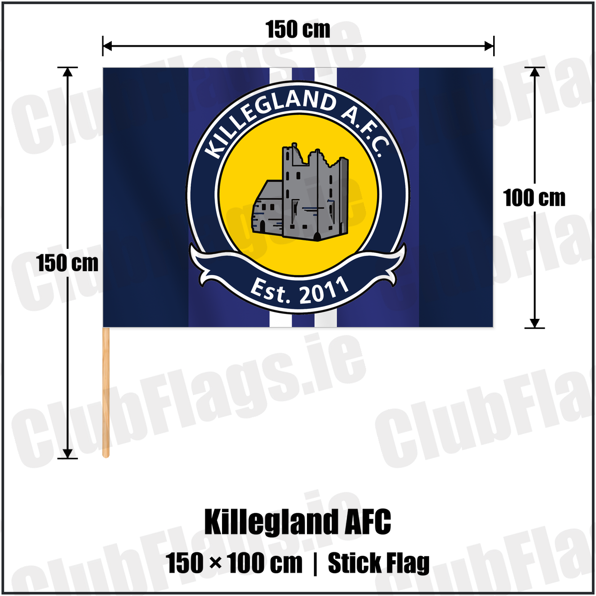 Killegland AFC 100cm x 150cm Stick Flag with the club crest and colours, Meath Football - ClubFlags.ie