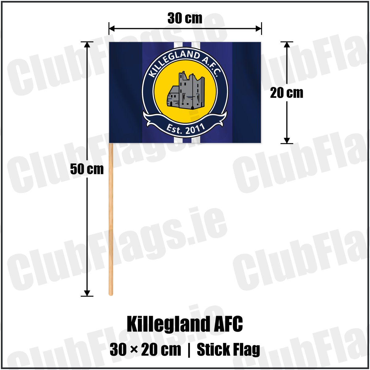 Killegland AFC 20cm x 30cm Stick Flag with the club crest and colours, Meath Football - ClubFlags.ie