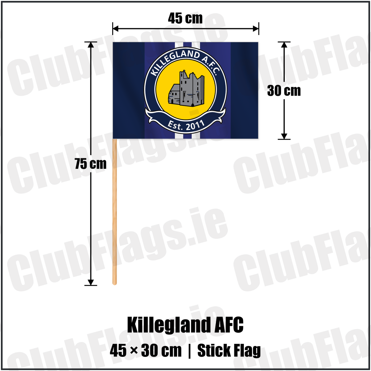 Killegland AFC 30cm x 45cm Stick Flag with the club crest and colours, Meath Football - ClubFlags.ie
