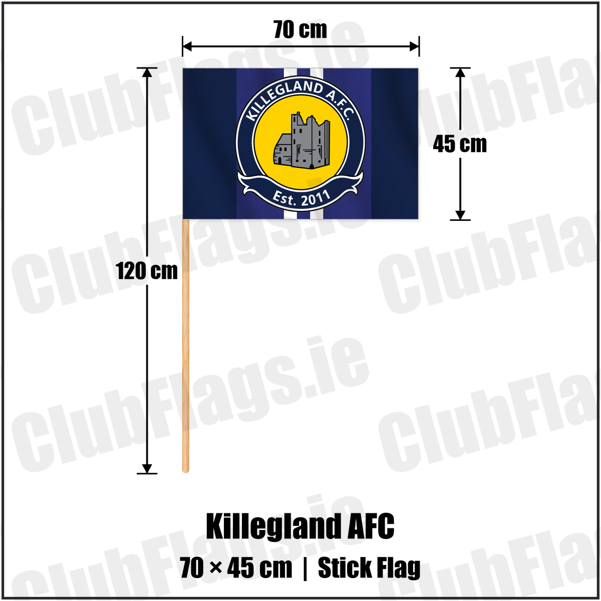 Killegland AFC 45cm x 70cm Stick Flag with the club crest and colours, Meath Football - ClubFlags.ie