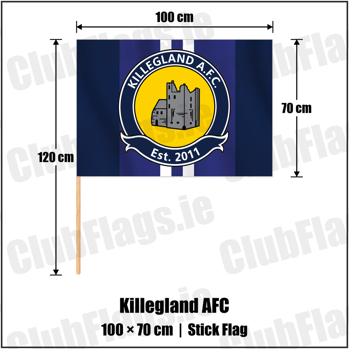 Killegland AFC 70cm x 100cm Stick Flag with the club crest and colours, Meath Football - ClubFlags.ie
