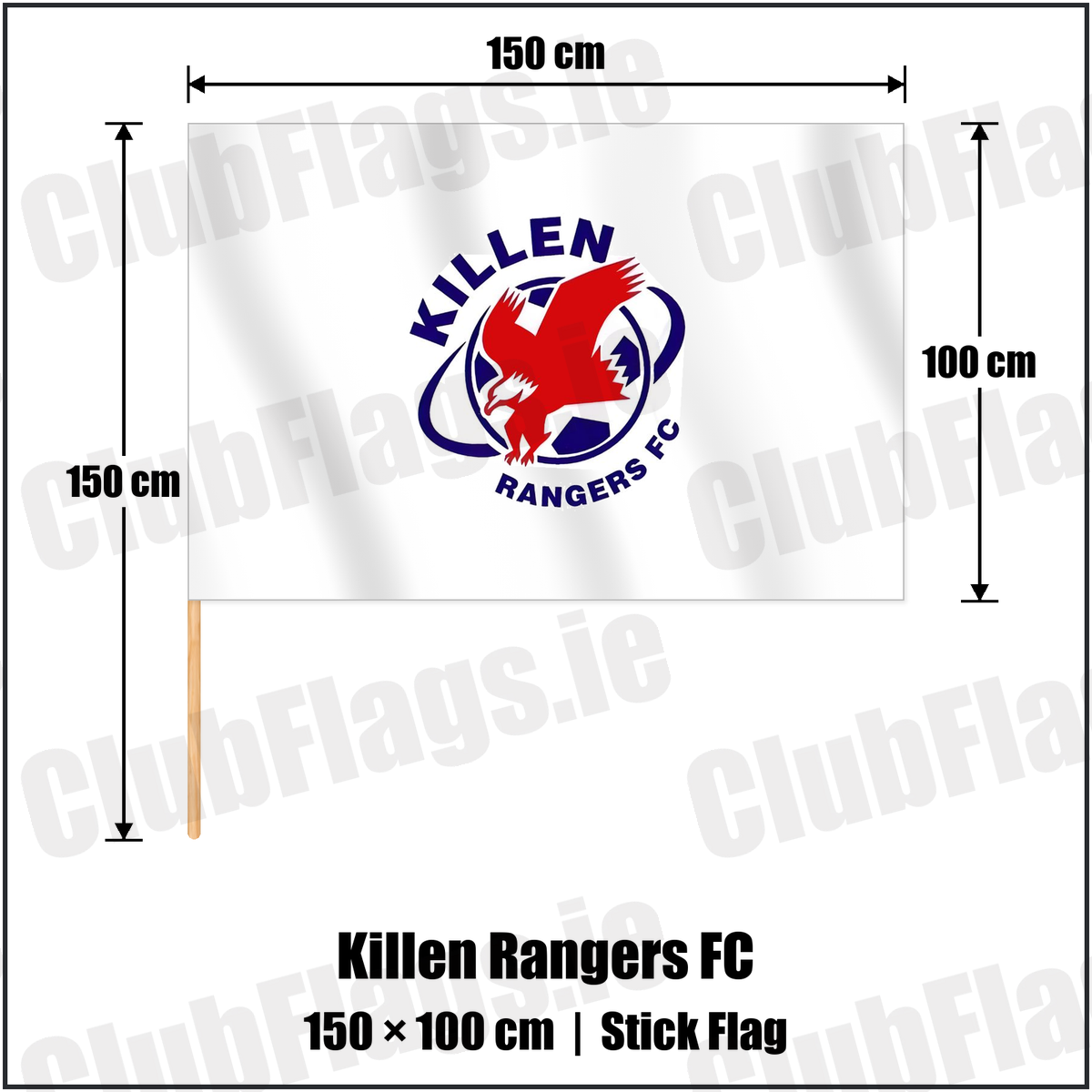 Killen Rangers FC 100cm x 150cm Stick Flag with the club crest and colours, Tyrone Football - ClubFlags.ie