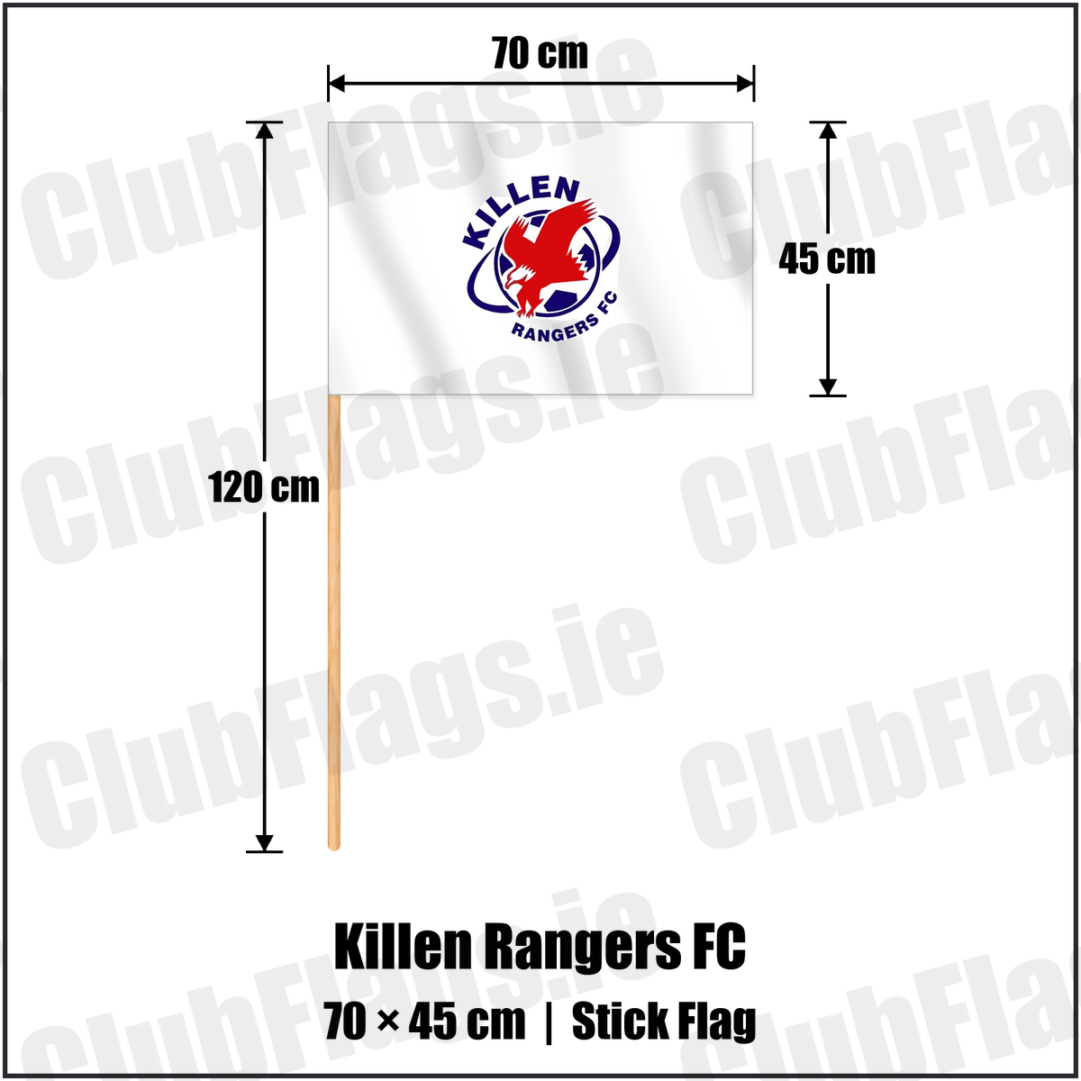 Killen Rangers FC 45cm x 70cm Stick Flag with the club crest and colours, Tyrone Football - ClubFlags.ie