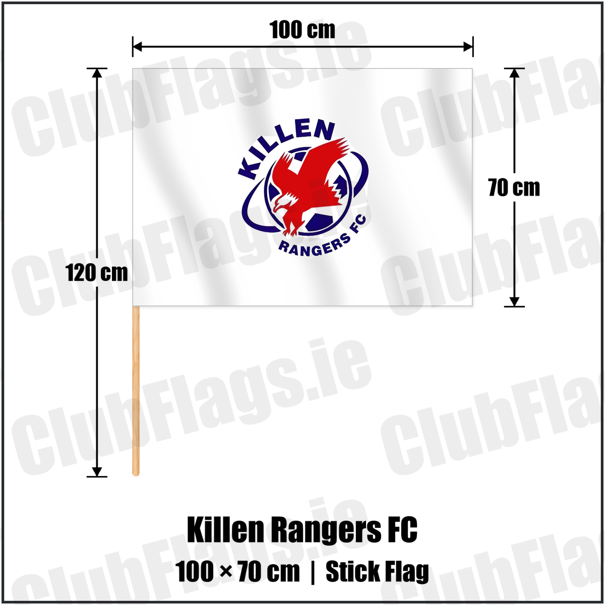 Killen Rangers FC 70cm x 100cm Stick Flag with the club crest and colours, Tyrone Football - ClubFlags.ie