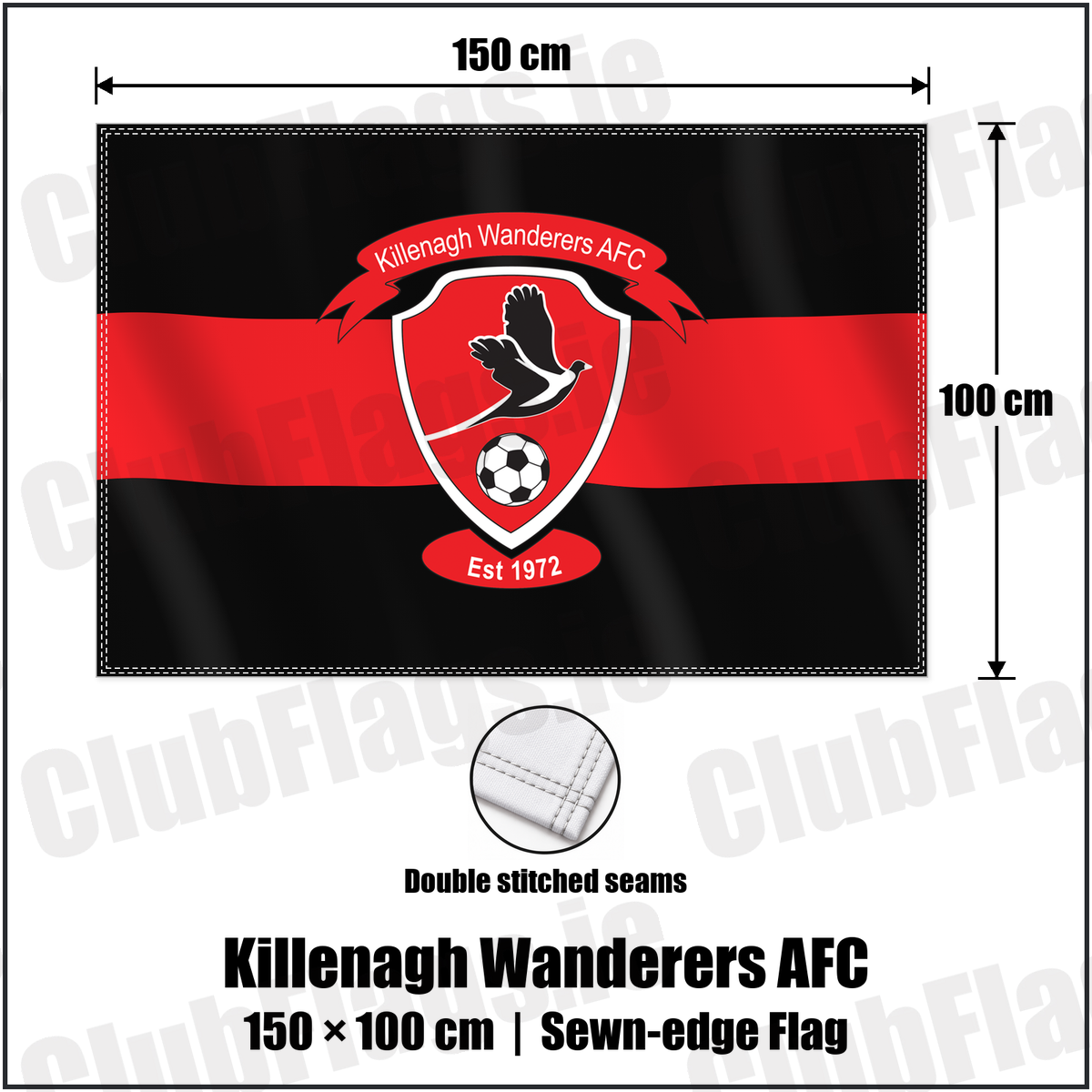 Killenagh Wanderers AFC 100cm x 150cm Flag (sewn on the edges) with the club crest and colours, Wexford Football - ClubFlags.ie