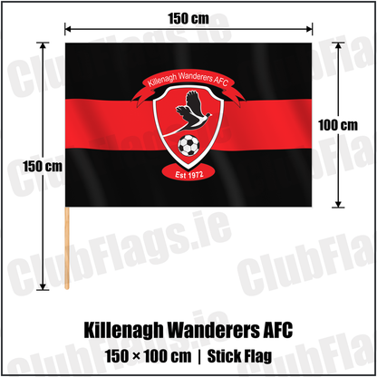 Killenagh Wanderers AFC 100cm x 150cm Stick Flag with the club crest and colours, Wexford Football - ClubFlags.ie