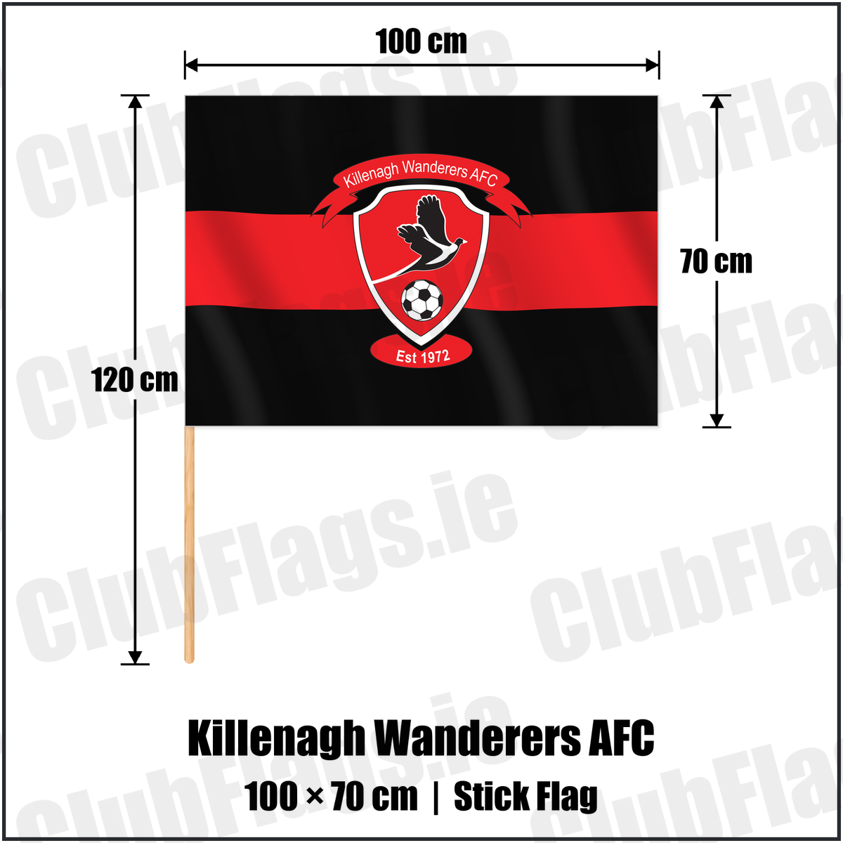 Killenagh Wanderers AFC 70cm x 100cm Stick Flag with the club crest and colours, Wexford Football - ClubFlags.ie