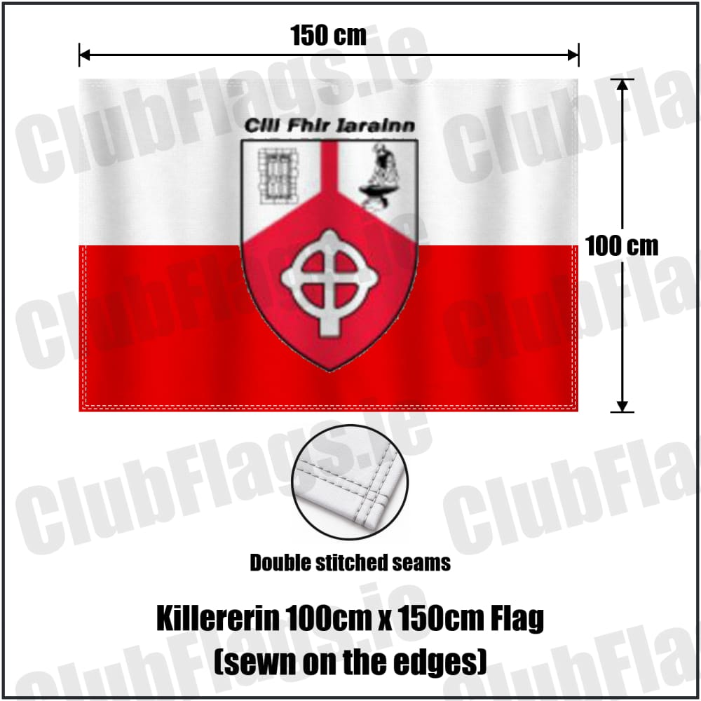 Killererin 100cm x 150cm Flag (sewn on the edges) in white and red, featuring the club crest on realistic fabric with gentle vertical folds; County Galway GAA. ClubFlags.ie.