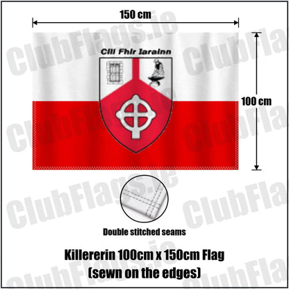 Killererin 100cm x 150cm Flag (sewn on the edges) in white and red, featuring the club crest on realistic fabric with gentle vertical folds; County Galway GAA. ClubFlags.ie.