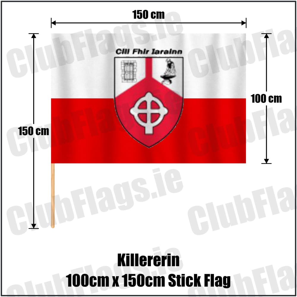 Killererin 100cm x 150cm Stick Flag in white and red, featuring the club crest on realistic fabric with gentle vertical folds; County Galway GAA. ClubFlags.ie.