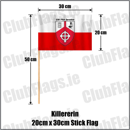Killererin 20cm x 30cm Stick Flag in white and red, featuring the club crest on realistic fabric with gentle vertical folds; County Galway GAA. ClubFlags.ie.