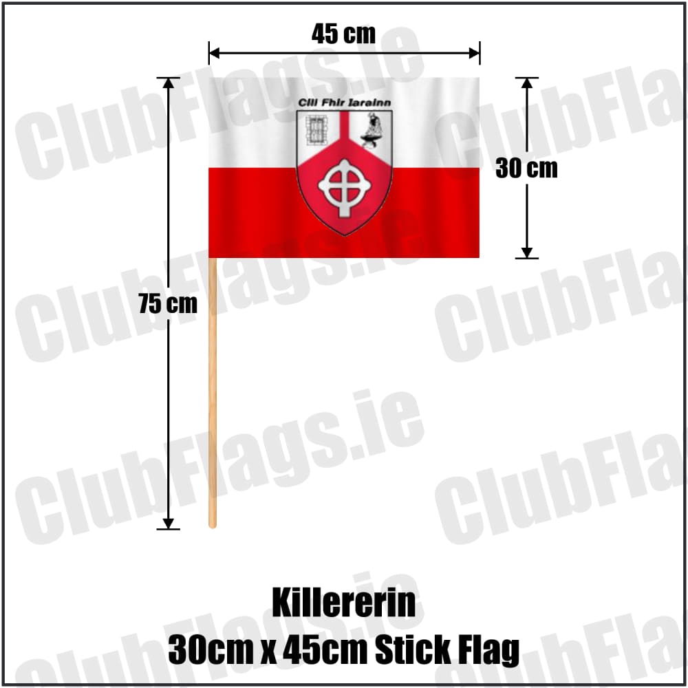 Killererin 30cm x 45cm Stick Flag in white and red, featuring the club crest on realistic fabric with gentle vertical folds; County Galway GAA. ClubFlags.ie.