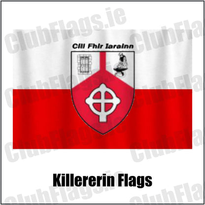 Killererin Flags in white and red, featuring the club crest on realistic fabric with gentle vertical folds; County Galway GAA. ClubFlags.ie.