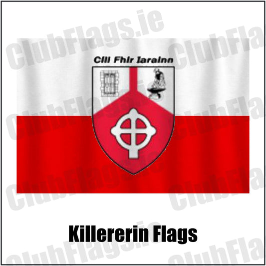 Killererin Flags in white and red, featuring the club crest on realistic fabric with gentle vertical folds; County Galway GAA. ClubFlags.ie.