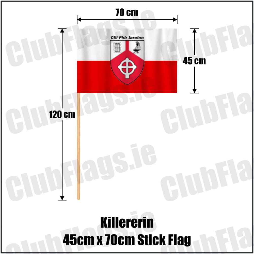 Killererin 45cm x 70cm Stick Flag in white and red, featuring the club crest on realistic fabric with gentle vertical folds; County Galway GAA. ClubFlags.ie.
