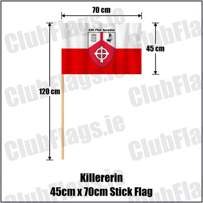 Killererin 45cm x 70cm Stick Flag in white and red, featuring the club crest on realistic fabric with gentle vertical folds; County Galway GAA. ClubFlags.ie.