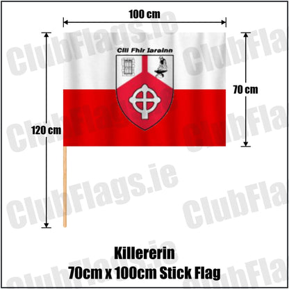 Killererin 70cm x 100cm Stick Flag in white and red, featuring the club crest on realistic fabric with gentle vertical folds; County Galway GAA. ClubFlags.ie.