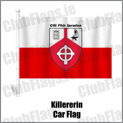 Killererin Car Flag in white and red, featuring the club crest on realistic fabric with gentle vertical folds; County Galway GAA. ClubFlags.ie.