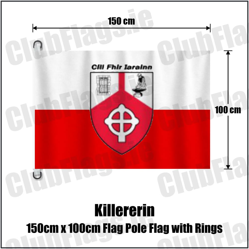 Killererin 150cm x 100cm Flag Pole Flag with Rings in white and red, featuring the club crest on realistic fabric with gentle vertical folds; County Galway GAA. ClubFlags.ie.