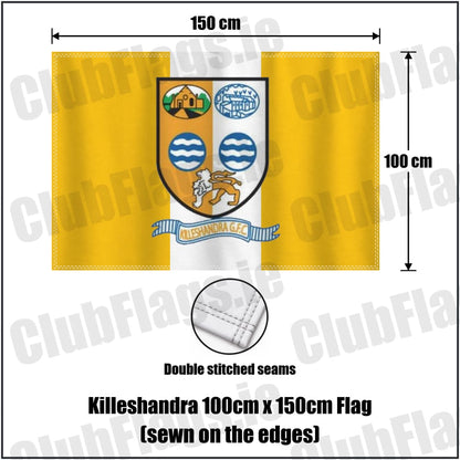 Killeshandra 100cm x 150cm Flag (sewn on the edges) in gold and white, featuring the club crest on realistic fabric with gentle vertical folds; County Cavan GAA. ClubFlags.ie.