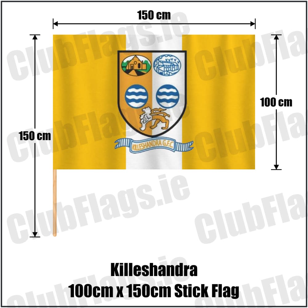 Killeshandra 100cm x 150cm Stick Flag in gold and white, featuring the club crest on realistic fabric with gentle vertical folds; County Cavan GAA. ClubFlags.ie.
