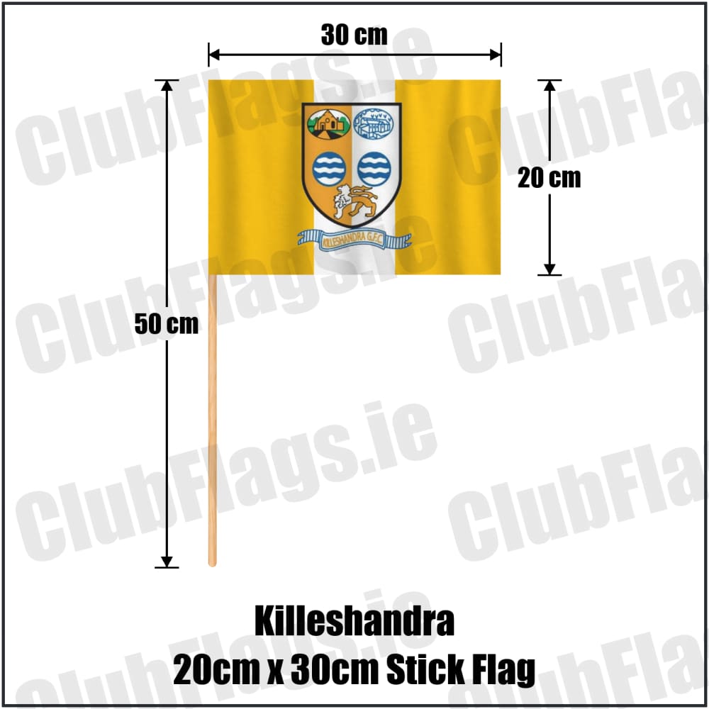 Killeshandra 20cm x 30cm Stick Flag in gold and white, featuring the club crest on realistic fabric with gentle vertical folds; County Cavan GAA. ClubFlags.ie.
