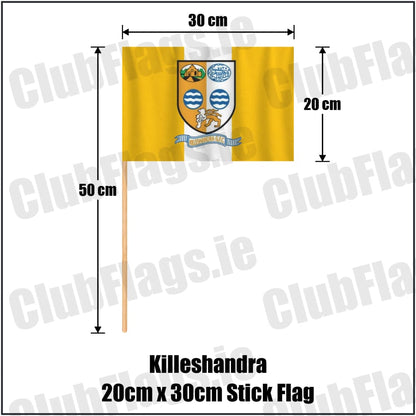 Killeshandra 20cm x 30cm Stick Flag in gold and white, featuring the club crest on realistic fabric with gentle vertical folds; County Cavan GAA. ClubFlags.ie.