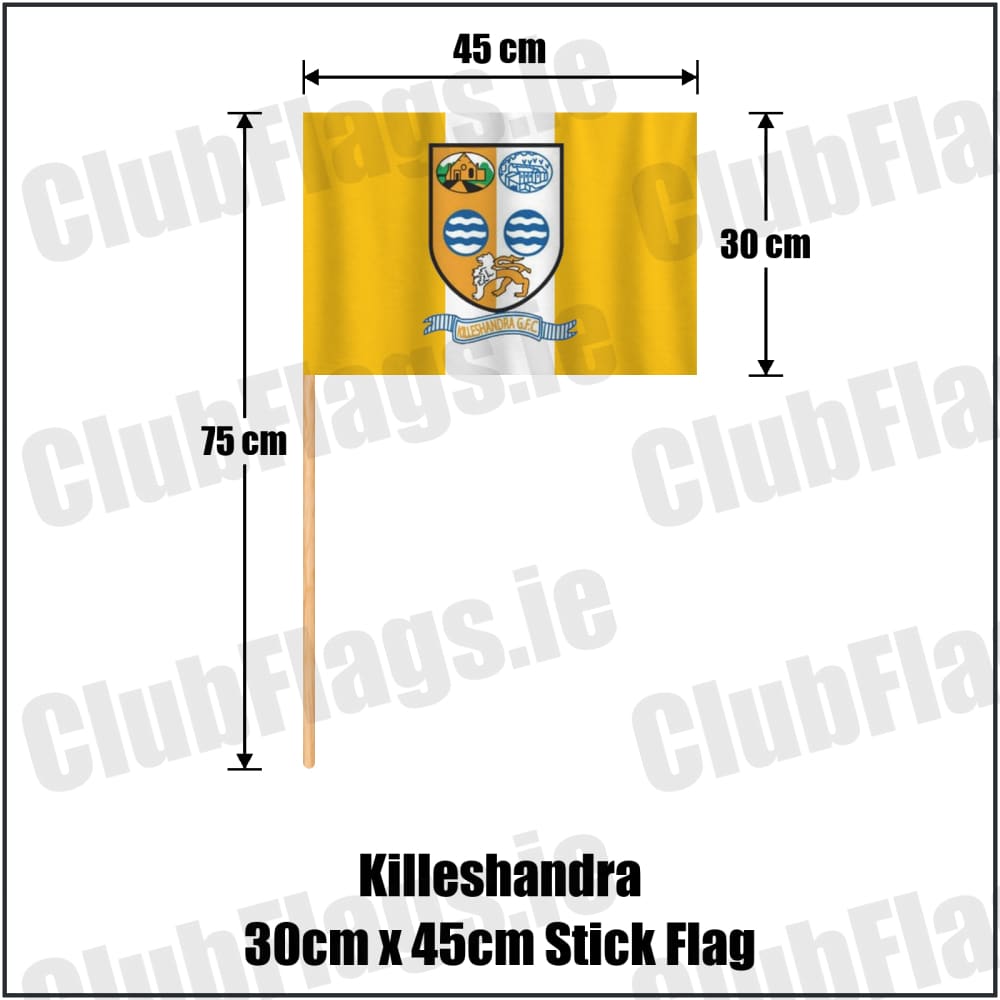 Killeshandra 30cm x 45cm Stick Flag in gold and white, featuring the club crest on realistic fabric with gentle vertical folds; County Cavan GAA. ClubFlags.ie.