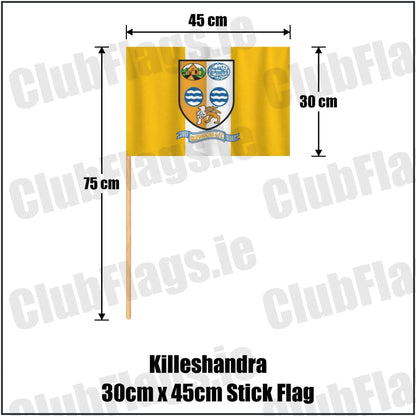 Killeshandra 30cm x 45cm Stick Flag in gold and white, featuring the club crest on realistic fabric with gentle vertical folds; County Cavan GAA. ClubFlags.ie.