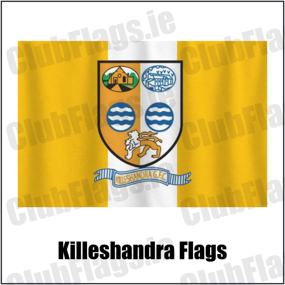 Killeshandra Flags in gold and white, featuring the club crest on realistic fabric with gentle vertical folds; County Cavan GAA. ClubFlags.ie.