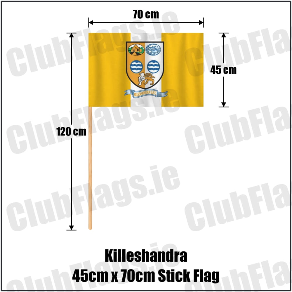 Killeshandra 45cm x 70cm Stick Flag in gold and white, featuring the club crest on realistic fabric with gentle vertical folds; County Cavan GAA. ClubFlags.ie.