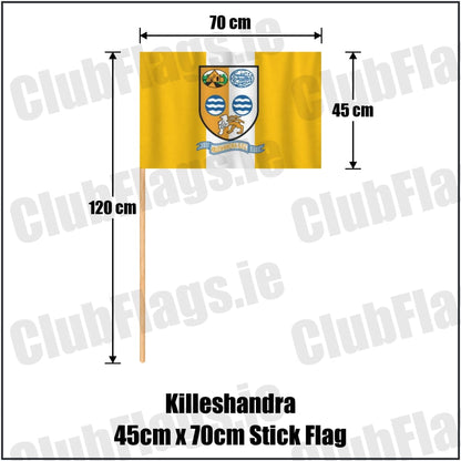 Killeshandra 45cm x 70cm Stick Flag in gold and white, featuring the club crest on realistic fabric with gentle vertical folds; County Cavan GAA. ClubFlags.ie.