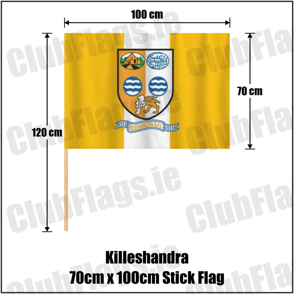 Killeshandra 70cm x 100cm Stick Flag in gold and white, featuring the club crest on realistic fabric with gentle vertical folds; County Cavan GAA. ClubFlags.ie.